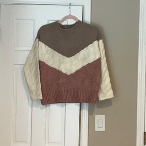 Brown and Cream Crew Neck Sweater with Ribbed Knit